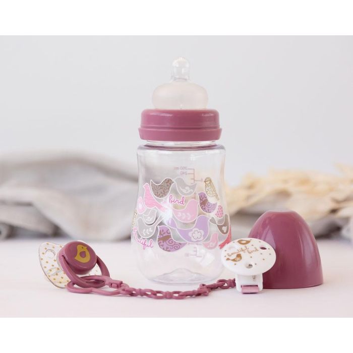KioKids Set Biberón 250 mL, Chupete Ortodóntico Silicona y Pinza Sujetachupete Rosa | Bebés +6 Meses