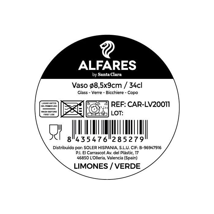 LAV Vaso Pinta 340 ml / 0.34 L con Diseño de Limones Color Verde - 8.5 x 8.5 x 9 cm - Ref. BDG386 (24 Unidades)