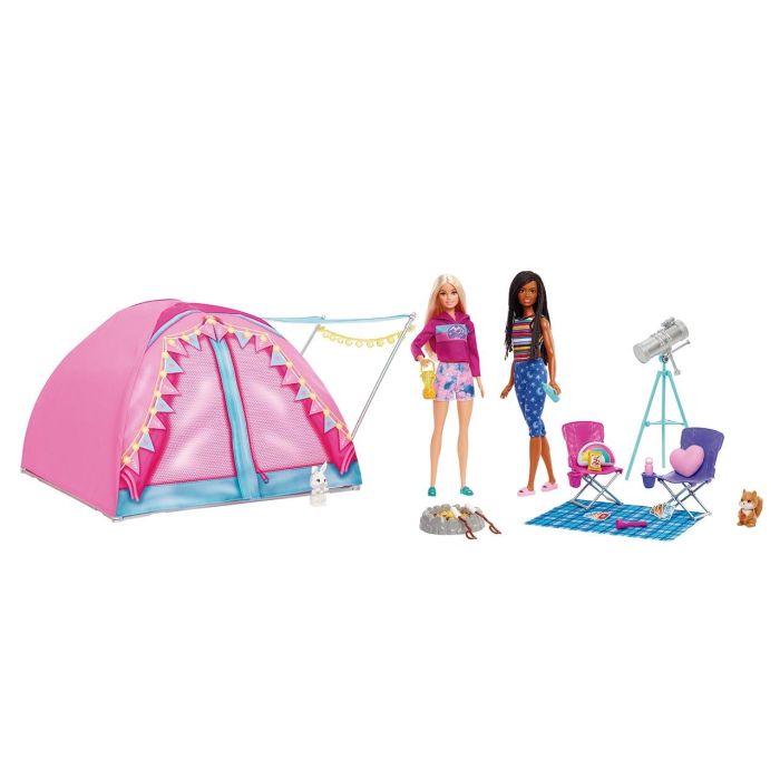 Barbie Hgc18 Set Camping con Muñecas Malibu & Brooklyn Roberts, Tienda de Campaña y Accesorios. Incluye Sillas, Telescopio, Hoguera 4