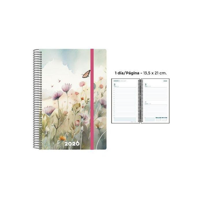 Agenda Anual (2026) Senfort Decorada Espiral Tapa Pp Con Goma 135X210 D/P Mariposa