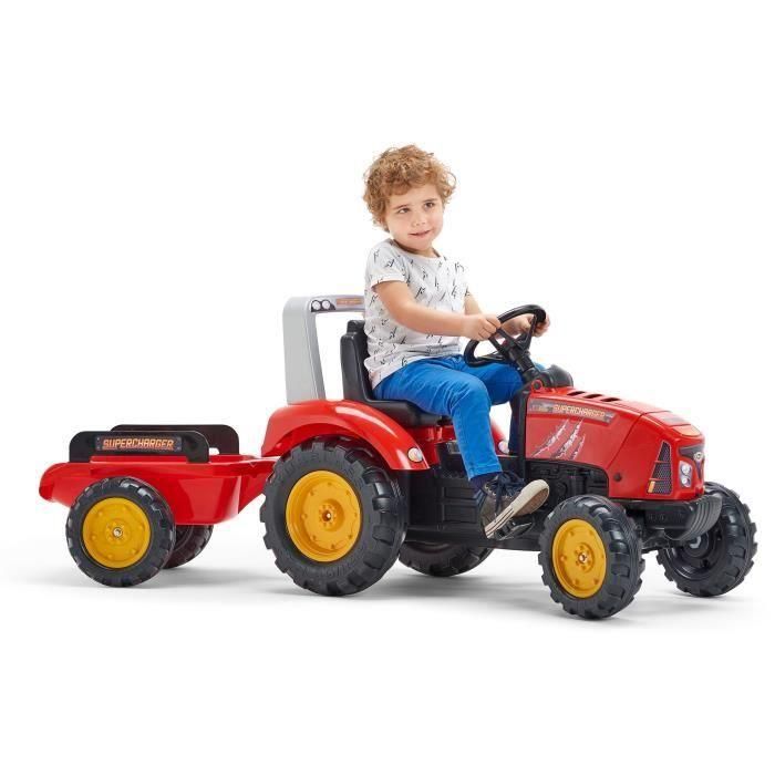 FALK - Tractor de pedal rojo sobrealimentador con capó de apertura y remolque incluido 1