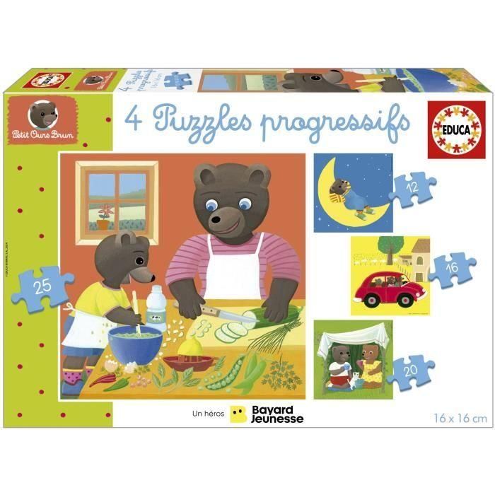 Educa EDU8412668198845 Puzzle Osito Pardo: 4 Puzzles Progresivos de 12 a 25 Piezas para Niños de 3 Años