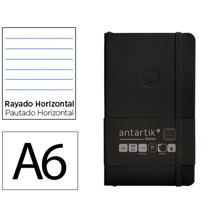 Cuaderno Con Gomilla Antartik Notes Tapa Blanda A6 Rayas Negro 100 Hojas 80 gr Fsc