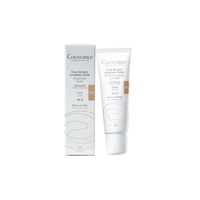 Avène Couvrance Base de Maquillaje Fluida Pieles Sensibles Tono Arena SPF 20. Corrige y Unifica Imperfecciones 30 ml.