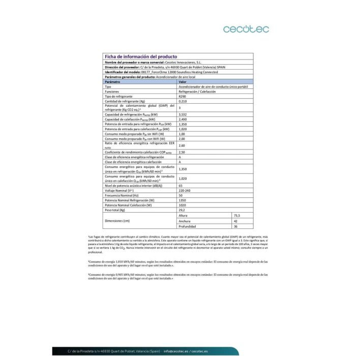 Aire Acondicionado Portátil Cecotec ForceClima 12800 Soundless Heating Connected A 1340 W Blanco 7