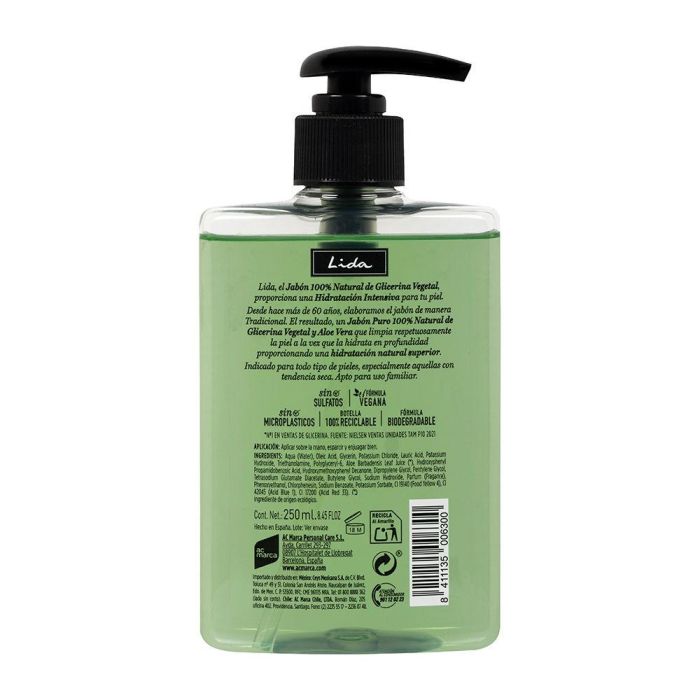 Lida Jabón de Manos 100% Natural Glicerina y Aloe Vera 250 ml 1
