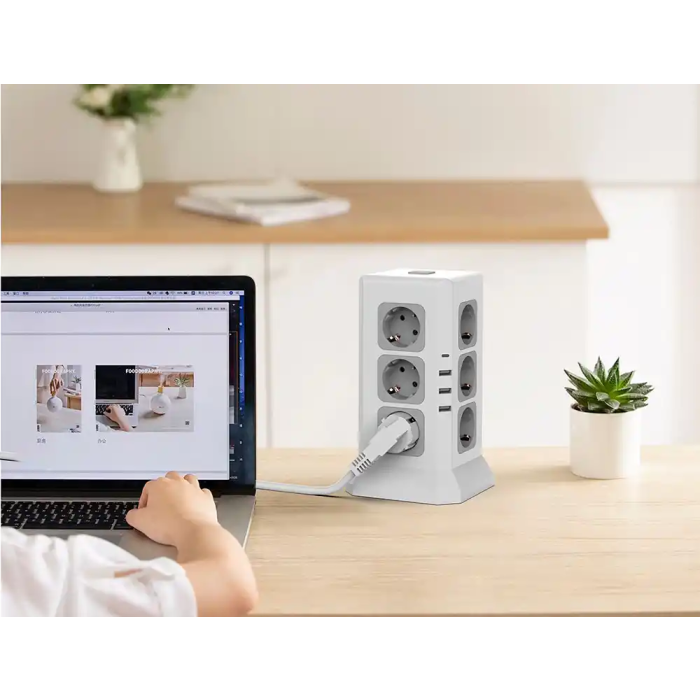 Q-connect Regleta Múltiple 16 en 1 con 12 Tomas de Corriente, 3 USB y 1 USB-C, Cable 2m, 120x120x210mm 7