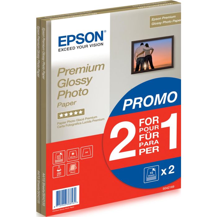 Epson Papel Premium Glossy Photo 255 gr, A4, 15h. Promocion 2x1
