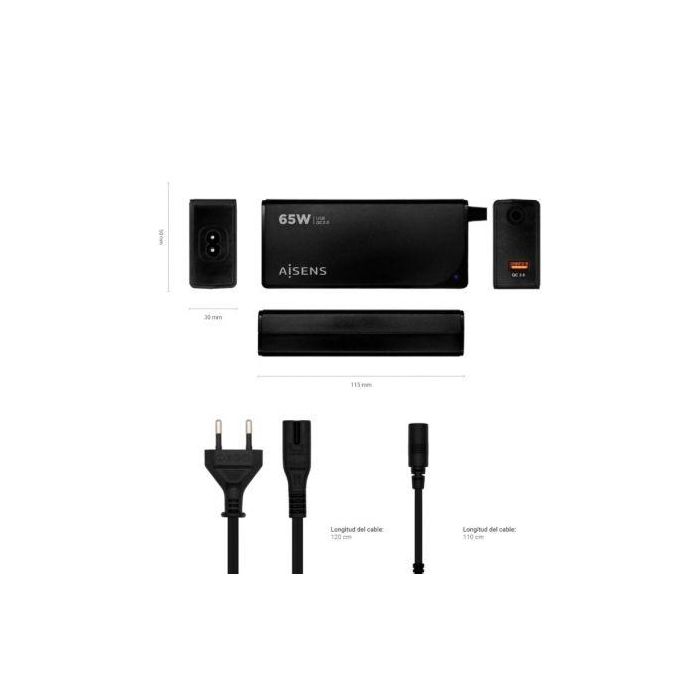 Aisens Cargador Universal 65W Automático con 9 Conectores y USB-A QC3.0 para Portátil y Móvil 3