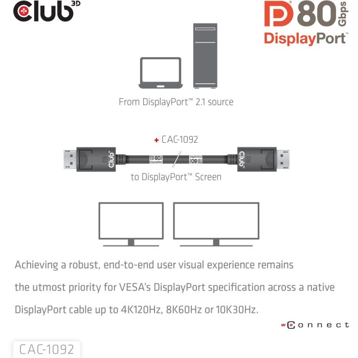 Club3D DP-Kabel 2.1 DP80 Cable DisplayPort 2.1 certificado VESA, 1.6m, 10K/8K/4K, 240Hz, Macho/Macho 4 Club3D DP-Kabel 2.1 DP80 Cable DisplayPort 2.1 certificado VESA, 1.6m, 10K/8K/4K, 240Hz, Macho/Macho 4