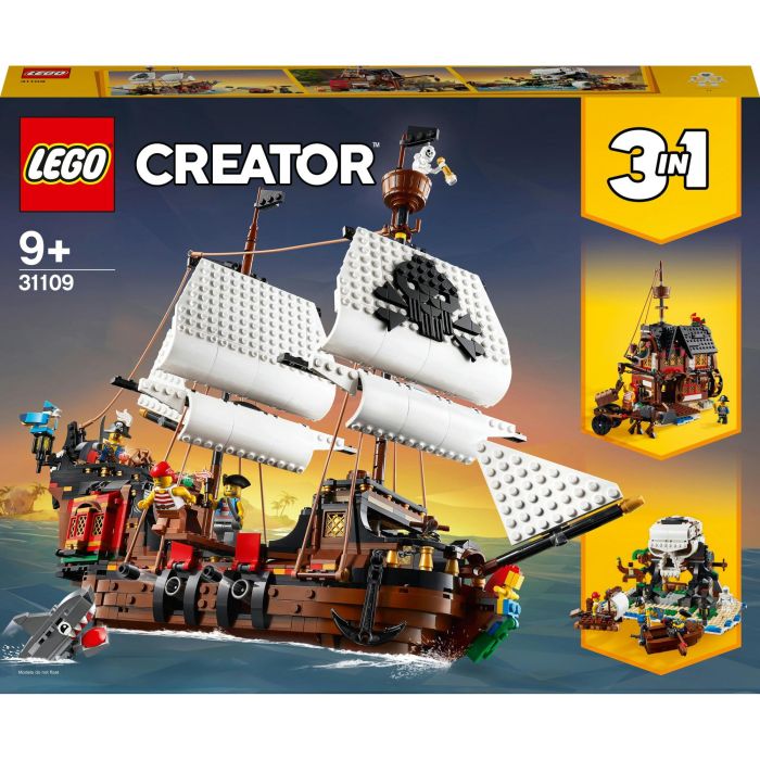 LEGO Creator 3-in-1 31109 Barco pirata con velas móviles, cañones, 3 figuras, tiburón y loro