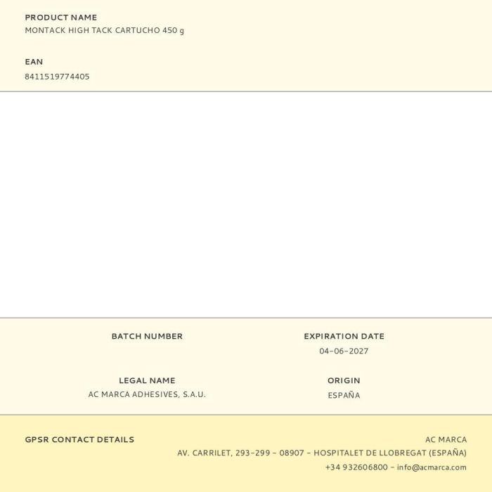 Ceys Montack High Tack Cartucho 450g - Masilla adhesiva con agarre inicial extremo 1 Ceys Montack High Tack Cartucho 450g - Masilla adhesiva con agarre inicial extremo 1