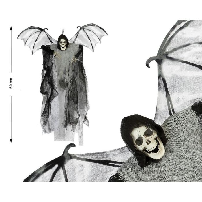 Colgante Esqueleto con Capa Negra y Alas de Murciélago 60x50 cm - Decoración Gótica para Halloween