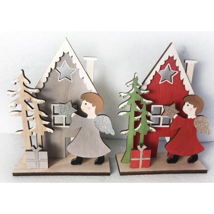 DKD Home Decor Decoración Navidad Tradicional: Pack 12 Ángeles de Madera Rojo y Gris, 20x15x4 cm (Unidades Surtidas)