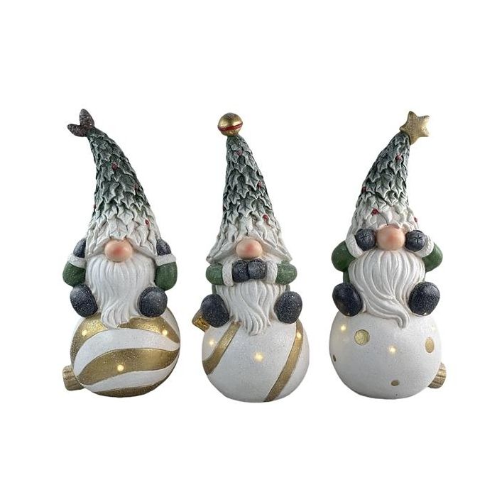 DKD Home Decor Gnomo Navideño con LED de Magnesia, Figura Alpina para Navidad, 55 cm Alto, 3 Unidades Surtidas Verde Blanco Dorado