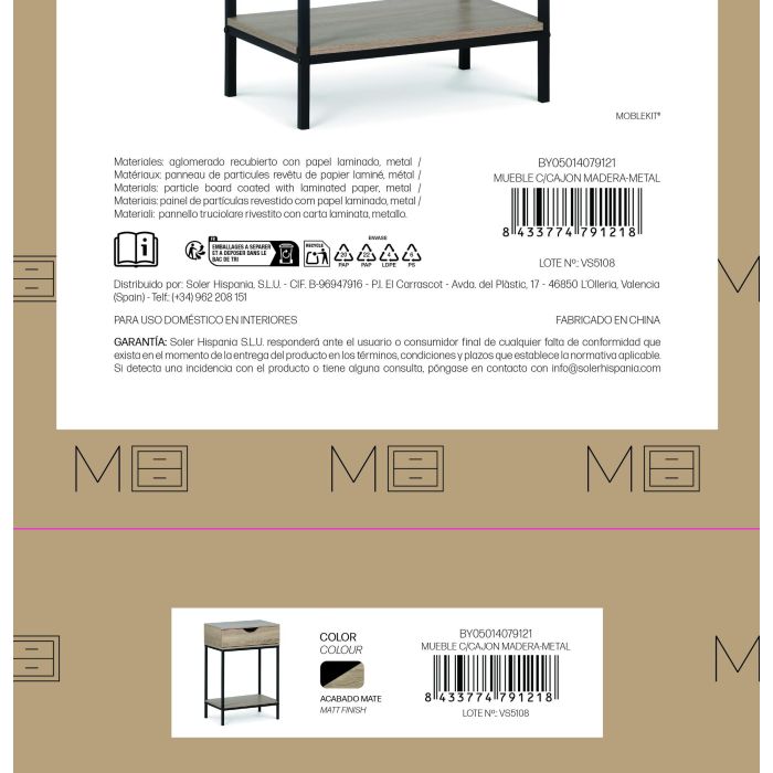 Inde Mueble con Cajón Madera-Metal 45x30x68 cm 4