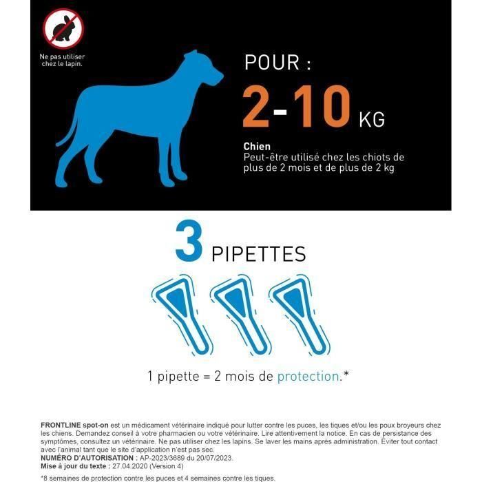 FRONTLINE 3 SPOT ON Pipetas Antiparasitarias para Perros - 2 a 10 kg - Pulgas, garrapatas, piojos 2