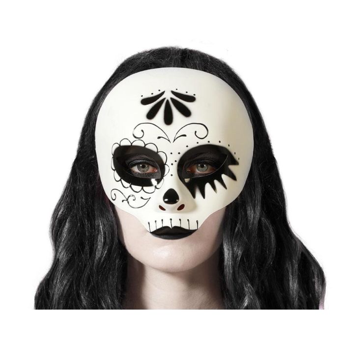 Máscara Calavera Mexicana Blanca y Negra para Día de Muertos - Disfraz, Fiesta Temática y Eventos Folclóricos