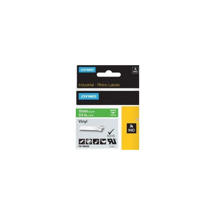 Dymo Rhino Cinta De Etiquetas Industrial Adhesiva Id1-19, Blanco Sobre Verde De 19 mmx5´5M, Vinilo Dymo Rhino Cinta De Etiquetas Industrial Adhesiva Id1-19, Blanco Sobre Verde De 19 mmx5´5M, Vinilo
