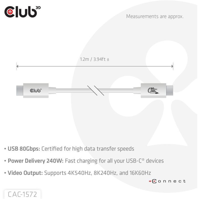 Club3D Kabel USB-C 80Gbps zertifi. PD240W/8K240Hz 1.2m weiß 2