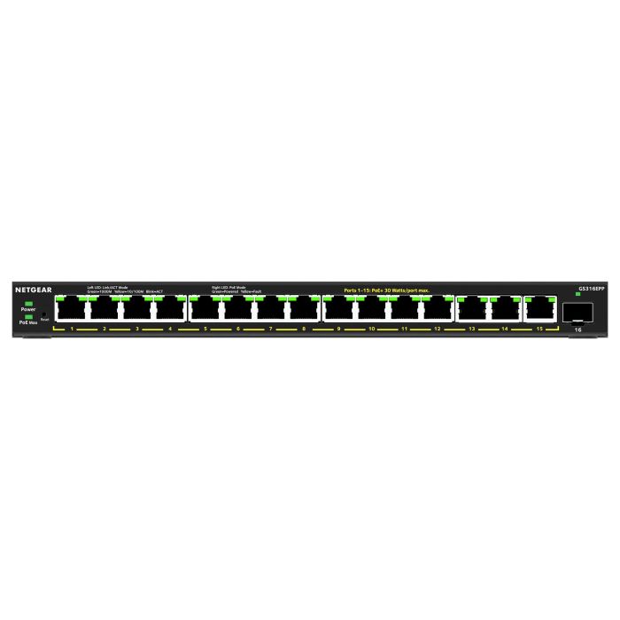 NETGEAR GS316EPP-100PES Switch PoE+ Gigabit con 16 Puertos RJ45, 1 Puerto SFP y 231W de Potencia Total