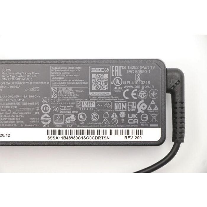 Lenovo 65W AC adapter with slim tip connector, 100-240V input, rectangular design, 89% efficiency, compatible with Lenovo devices. 4 Lenovo 65W AC adapter with slim tip connector, 100-240V input, rectangular design, 89% efficiency, compatible with Lenovo devices. 4