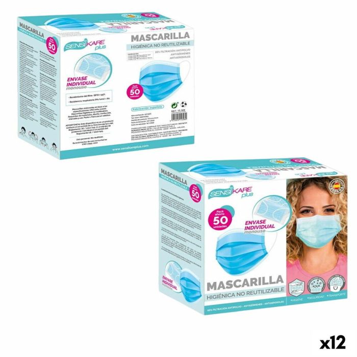 Caja de mascarillas higiénicas SensiKare 50 Piezas (12 Unidades) Caja de mascarillas higiénicas SensiKare 50 Piezas (12 Unidades)