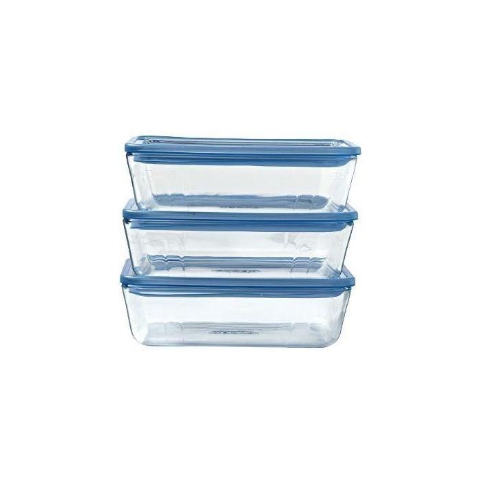 Pyrex PYR3426470296250 Juego de 3 Recipientes con Tapa de Vidrio Rectangular - Sin Plástico - 1,5 L
