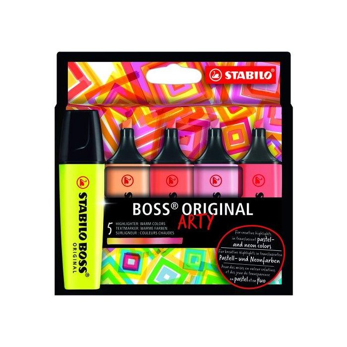 Stabilo Marcador Fluorescente Boss Original, Estuche 5 Unidades, Colores Cálidos, Tecnología Antisecado