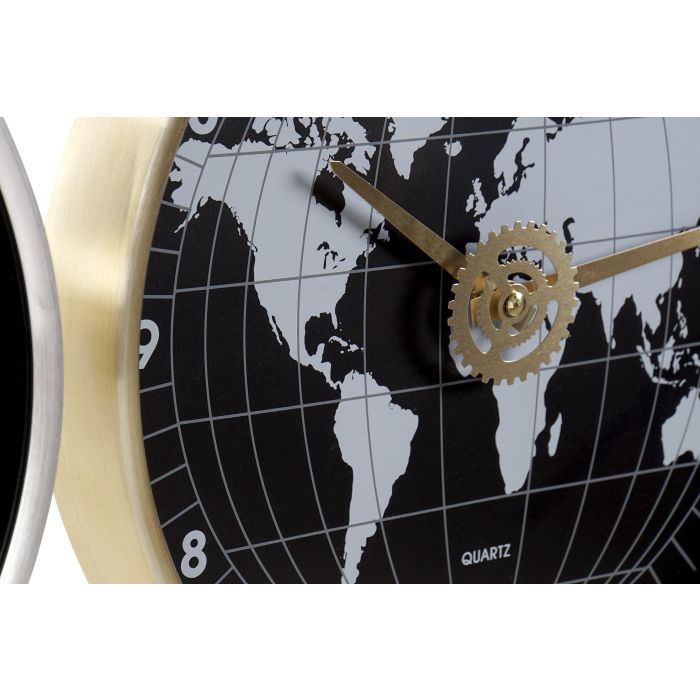DKD Home Decor Reloj de Pared Mapamundi Dorado y Plateado 4.3 x 30 x 30 cm (2 Unidades) Aluminio y Cristal 1