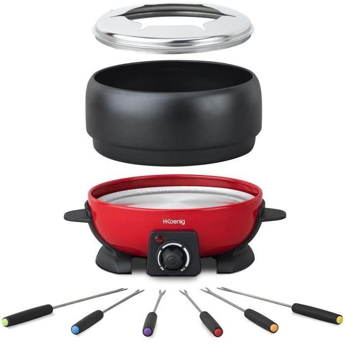 HKoeNIG ALP1800 - Fondue eléctrica 6 personas - 2L - 800W - Termostato regulable de 25 ° C a 190 ° C - Olla extraíble - Rojo y negro 2