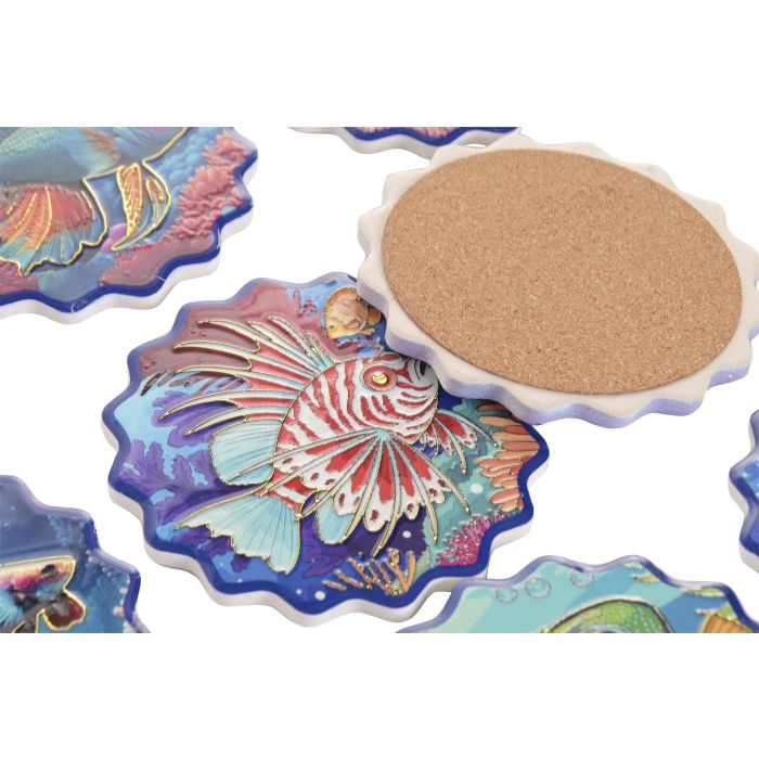 DKD Home Decor 72 Unidades Posavasos Atlantico Azul Marino Multicolor Dolomita Corcho 10.8 x 0.7 x 10.8 cm