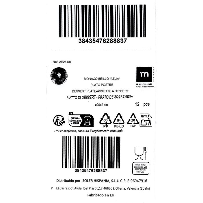 La Mediterranea Plato Postre Aelia Ø20 cm Monaco Brillo (12 Unidades) 1 La Mediterranea Plato Postre Aelia Ø20 cm Monaco Brillo (12 Unidades) 1