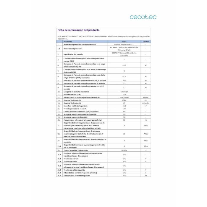 Cecotec ALU40043 109,2 cm (43") 4K Ultra HD Smart TV Negro 31 Cecotec ALU40043 109,2 cm (43") 4K Ultra HD Smart TV Negro 31