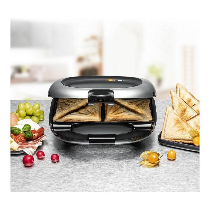 ROMMELSBACHER Sandwich Maker ST 1000 - Gril para 4 Bocadillos, Placas Antiadherentes, 1000W, Negro/Plata, 302 mm 1