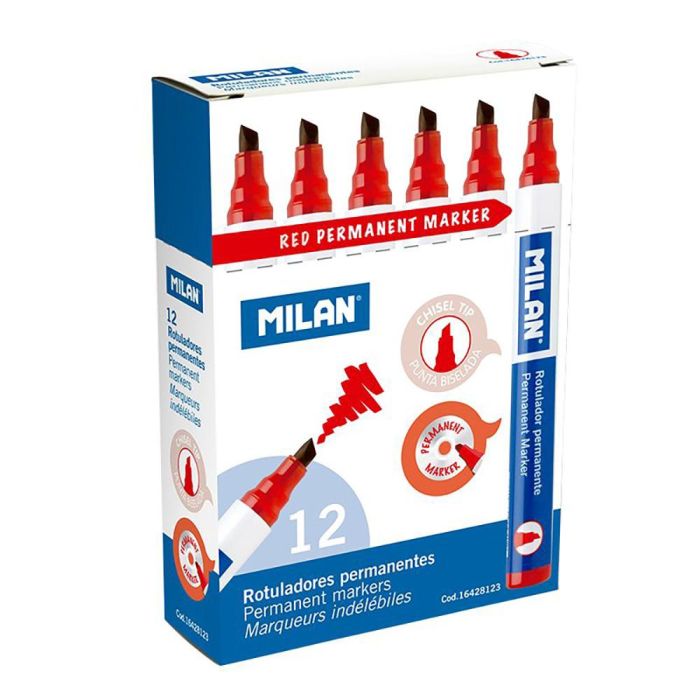 Caja con 12 rotuladores permanentes. punta biselada rojo milan 1 Caja con 12 rotuladores permanentes. punta biselada rojo milan 1