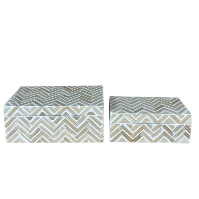 DKD Home Decor Caja Tropical Colección Raviet de Bambú y Resina Acabado Natural Mosaico Surtido Marrón Blanco Set de 2 (16x12x30 cm) 1