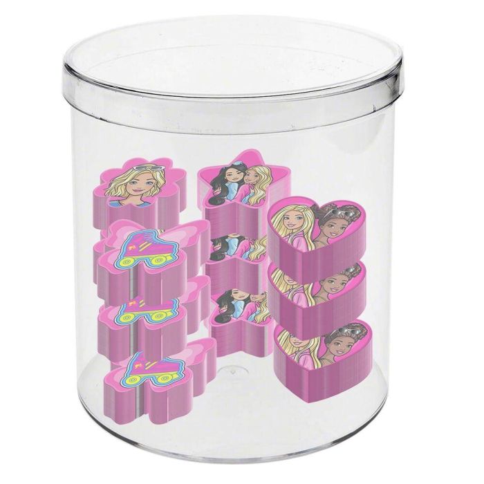 Barbie: Cubo con 12 Gomas de Borrar Mix Rosa para Niñas | Pack de Papelería Infantil de Plástico ABS