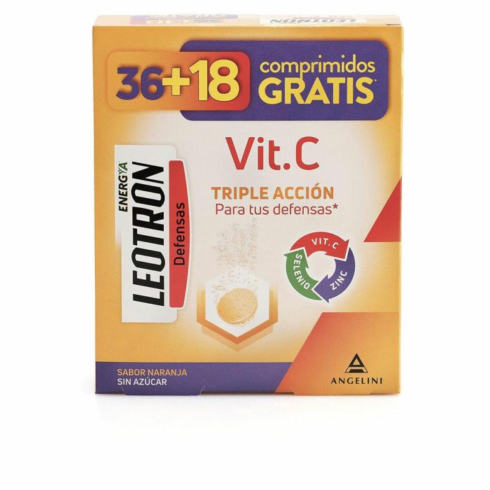 Leotron Vitamina C Triple Acción Zinc Selenio Comprimidos Efervescentes Sabor Naranja 54 Comprimidos Sin Azúcar Gluten Lactosa