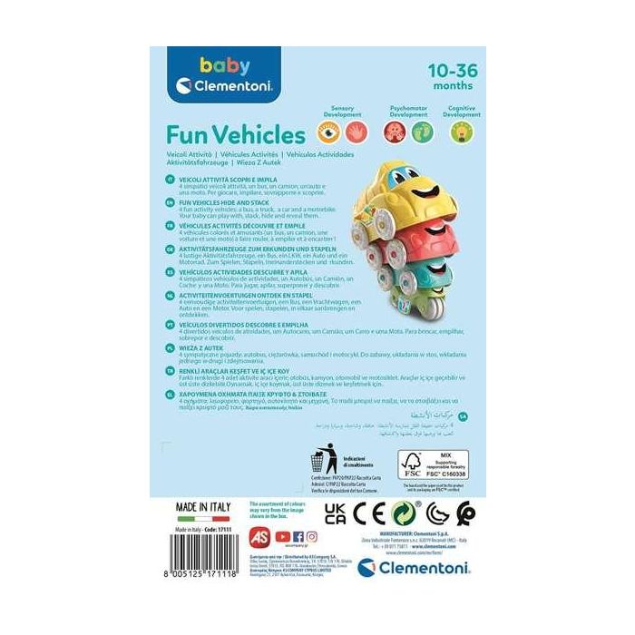 Clementoni Coches Apilables Set de 4 Coches Diferentes (Autobús, Camión, Coche y Moto) 15x15x24 cm 13