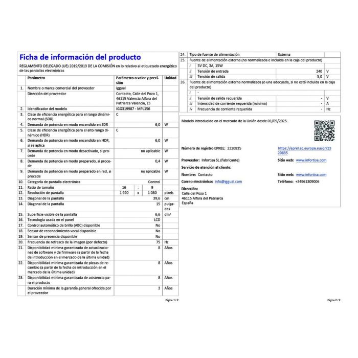 Monitor portátil iggual IGG319987 Full HD 15,6" 5