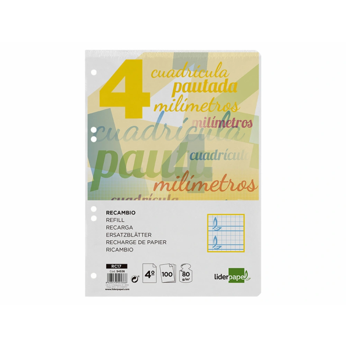 Liderpapel Recambio A5 Pautaguía 100 Hojas 75gr Cuadriculado Pautado 4mm con Margen 6 Taladros 1