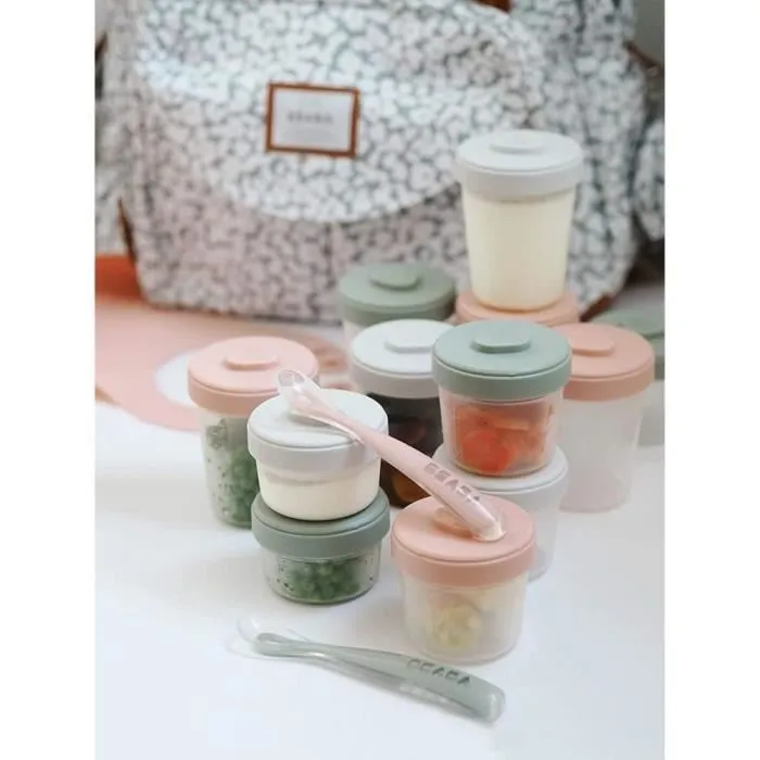 Beaba Pack Eucalipto 1a Comida: 2x90ml + 4x150ml + 6x250ml + 2 Cacitos Primera Edad. Recipientes herméticos, apilables y aptos para microondas y congelador. 2