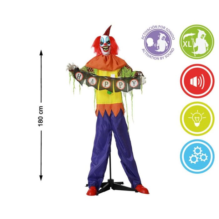 Figura Payaso Terrorífico XL con Cartel "Happy" 180 cm con Luz y Movimiento para Halloween