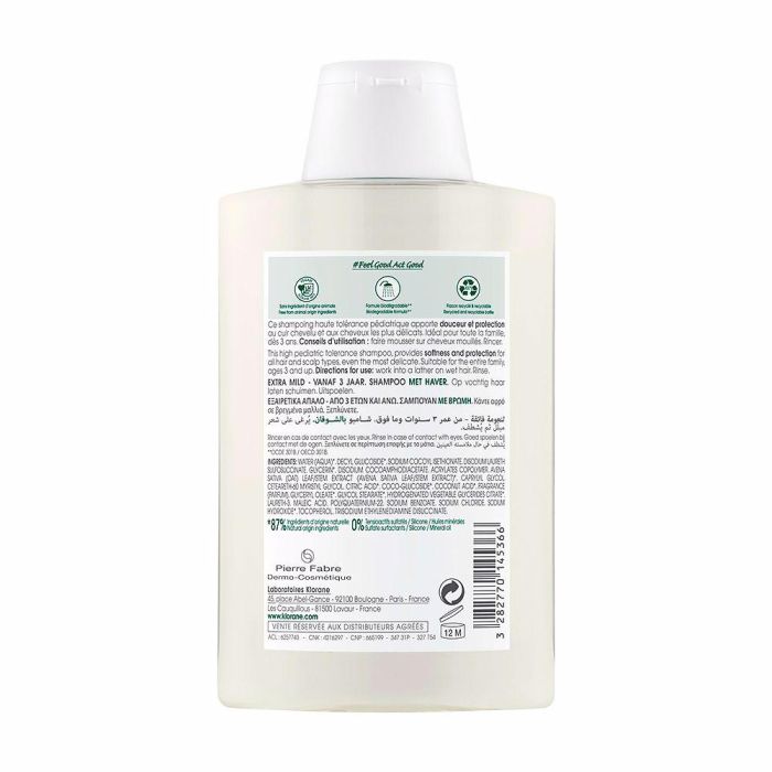 Klorane Champú Suave Leche de Avena 200 ml, Champú Hidratante Brillo, Cabello Sensible 1