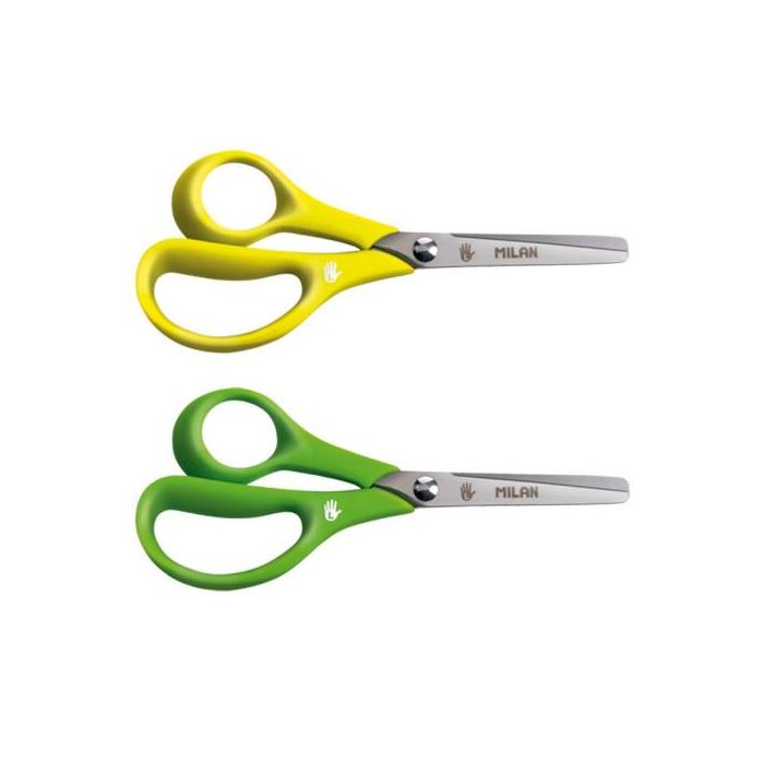 Milan 1439620 Caja expositora 20 tijeras para zurdos mango plástico acero inoxidable colores surtidos 14 cm 2