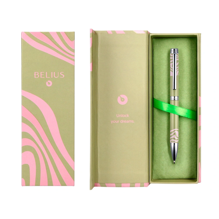 Belius Ink Dreams Bolígrafo Aluminio Verde Matcha y Rosa Plateado con Frase Interior Tinta Azul Caja Diseño 1 mm 3