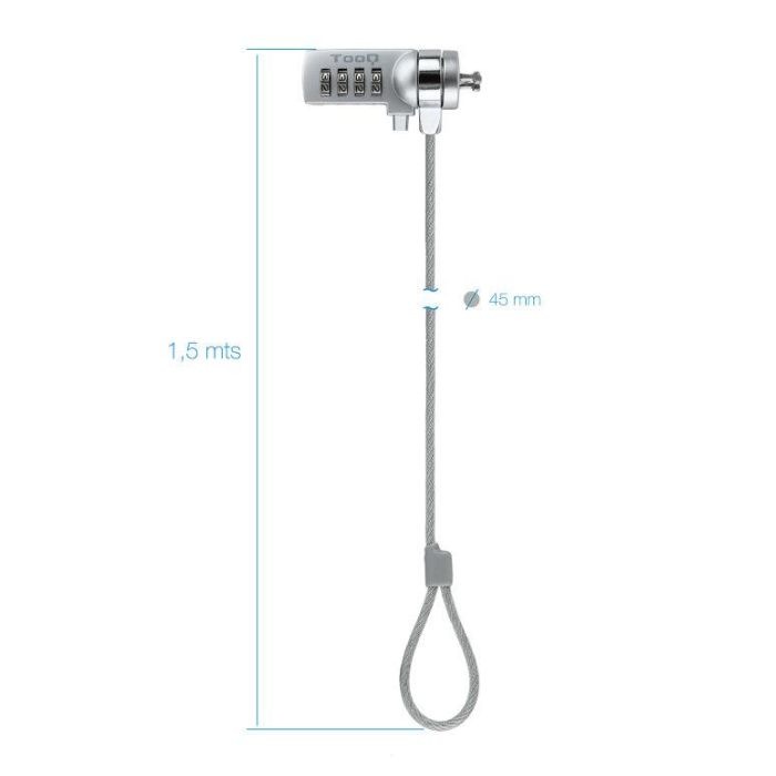 TOOQ CABLE DE SEGURIDAD T-LOCK CON COMBINACION PARA PORTATILES - BLOQUEO DE 4 DIGITOS - ACERO 4.5MM - LONGITUD 1.50M 2 TOOQ CABLE DE SEGURIDAD T-LOCK CON COMBINACION PARA PORTATILES - BLOQUEO DE 4 DIGITOS - ACERO 4.5MM - LONGITUD 1.50M 2