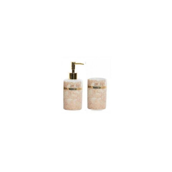 DKD Home Decor Dosificador Glam, Mármol Melocotón Dorado, Set de 2 Piezas, Capacidad 290 ml, 7 x 17.5 x 7 cm