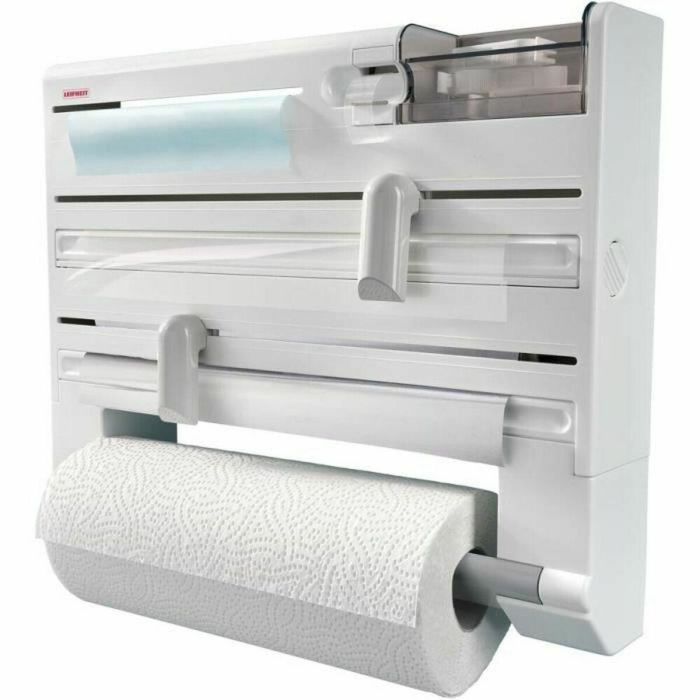 Leifheit Dispensador de 3 rollos Parat Plus con compartimento, para bolsas y cinta adhesiva, acero inoxidable, Blanco y gris